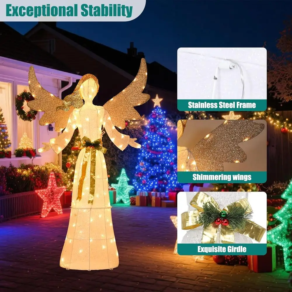 زينة عيد الميلاد الملاك اللامعة ثلاثية الأبعاد المضاءة مسبقًا، بطول 5 أقدام مع فيونكة وأجنحة قابلة للطي للاستخدام الخارجي أو الداخلي #5