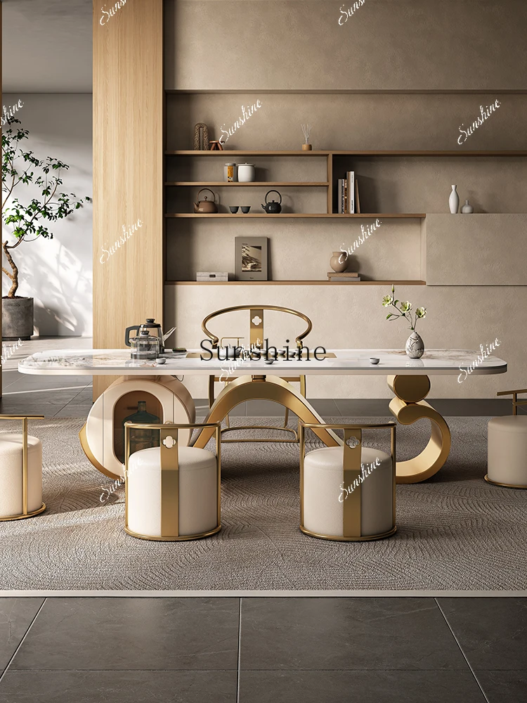 

Light luxury rock slab high-end modern tea table and chair combination large apartment villa design advanced sense FT