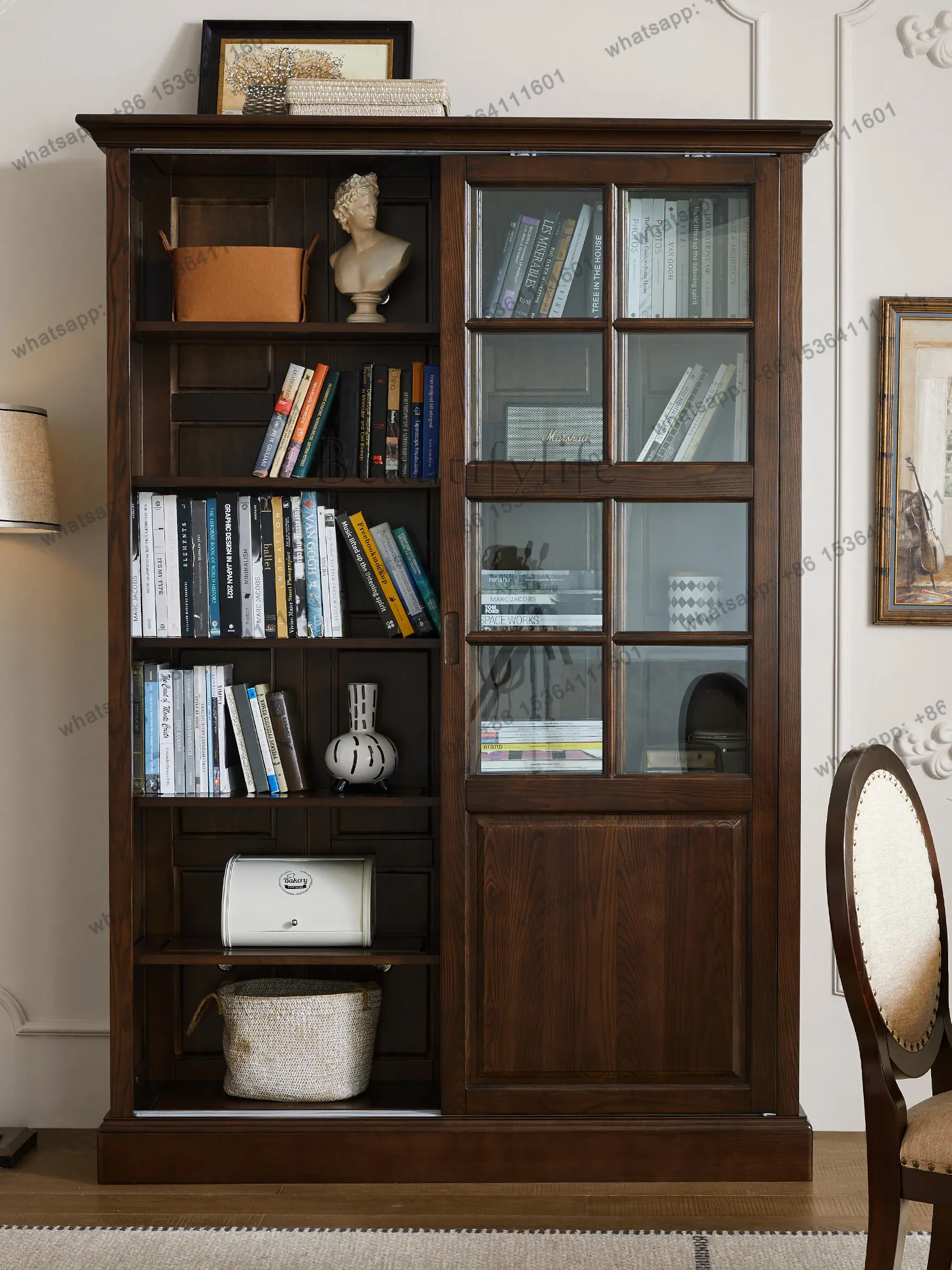 American pure solid wood sliding bookcase retro sliding glass door storage balcony cabinet