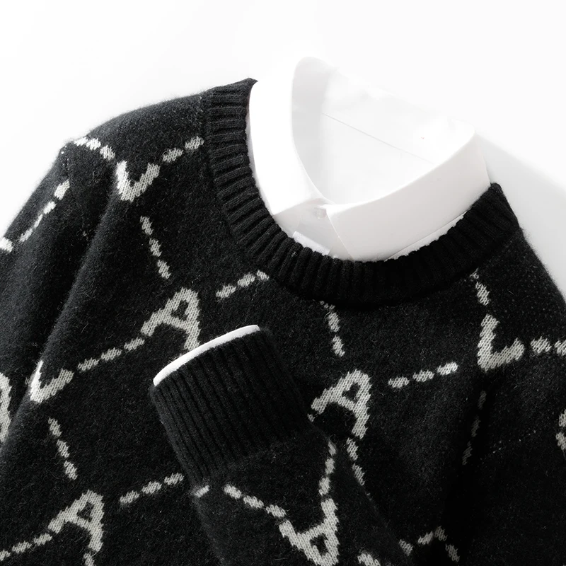 Autumn And Winter New Round Neck 100% Pure Wool Men's Color Matching Thick Sweater Loose Casual Knit Bottoming Shirt