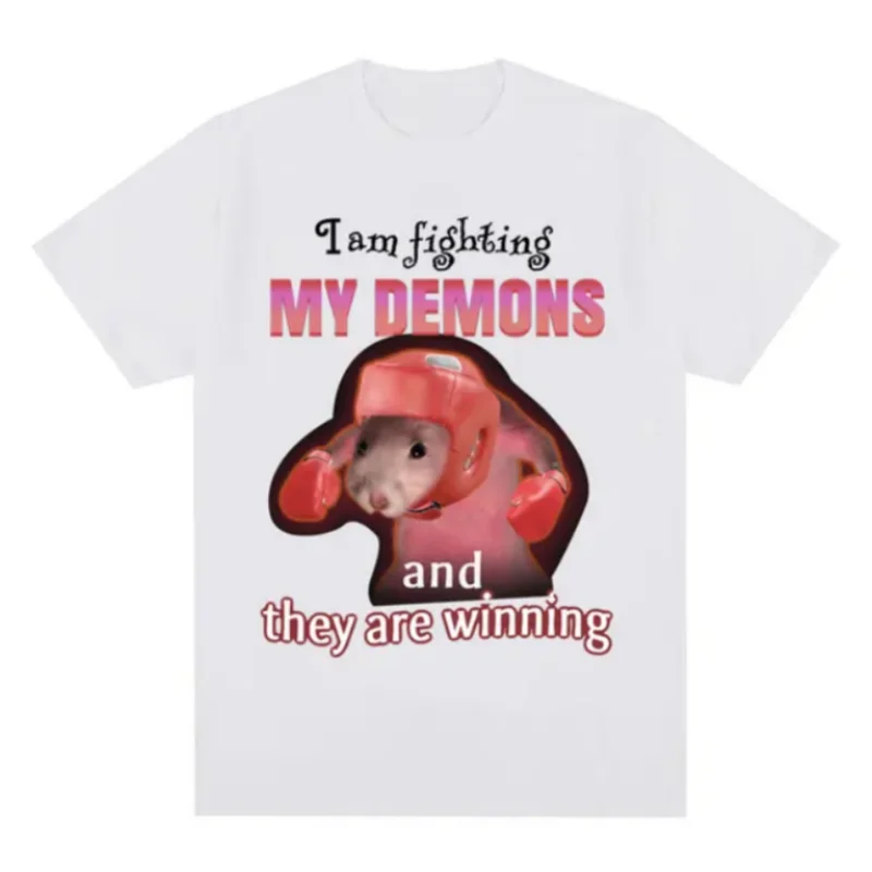 

Funny I Am Fighting My Demons and The Are Winning Rat Meme T-shirt Men Fashion Creative T Shirts Short Sleeve T-shirts 12567
