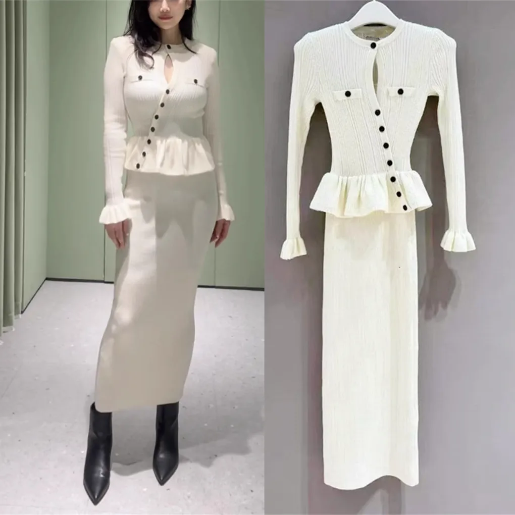 Ele Gebreide Lange Sve Dr Ivory High-End Versie Commute Ci Dames Faion Straight Cut A-lijn Dr Enkele Knop