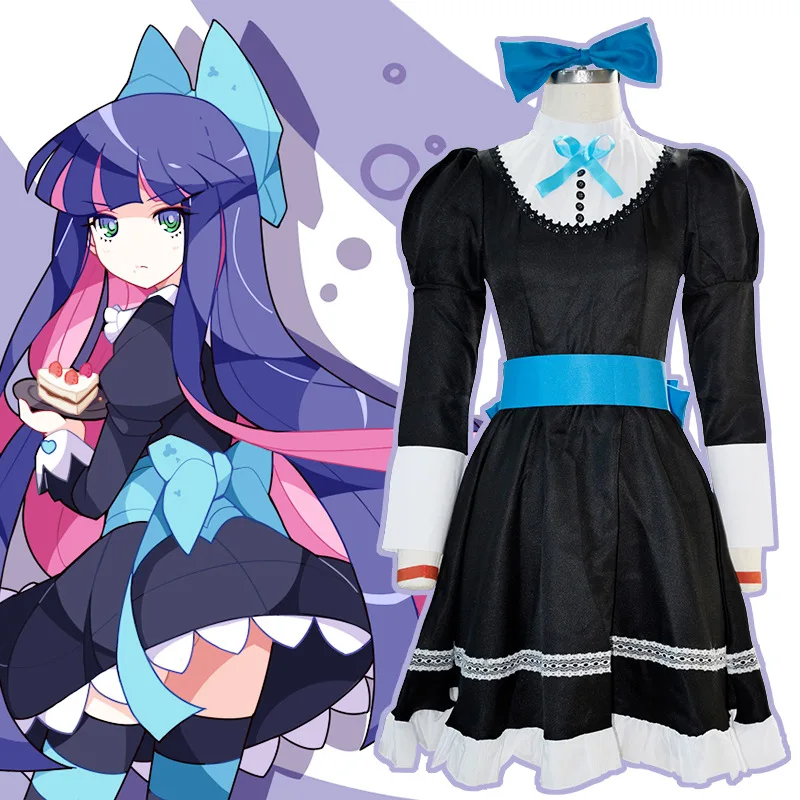 Anime Panty & Stocking with Garterbelt Younger Sister Anarchy Stocking Cosplay Costume Gothic Maid Lolita Dress Wig Long Socks