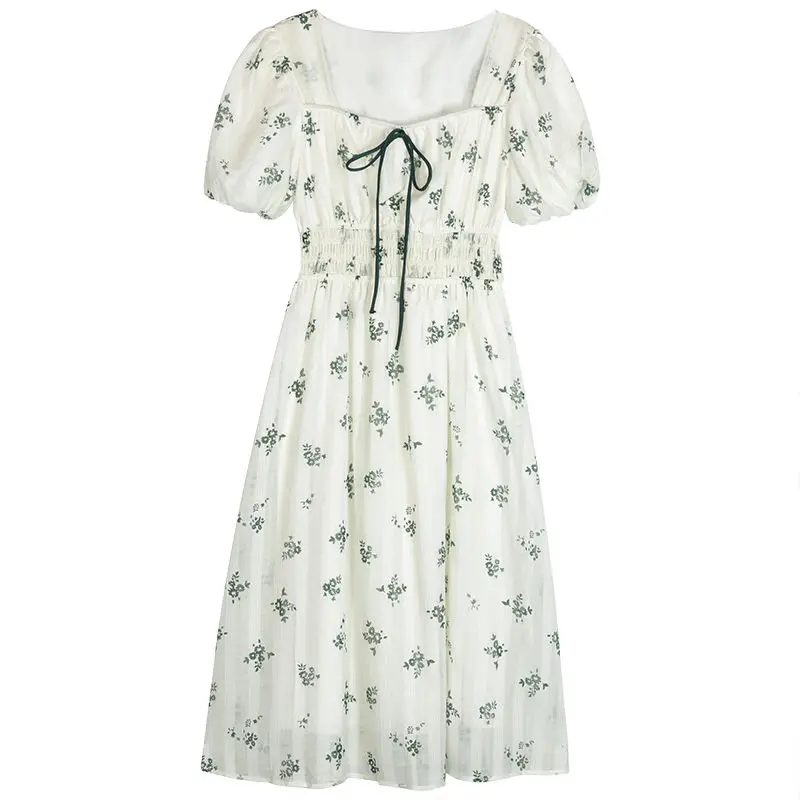 여름 요정 꽃 프린트 비치 드레스 여성 한국어 스위트 스퀘어 칼라 넥타이 하이 웨스트 a 라인 중간 길이 드레스 세련된