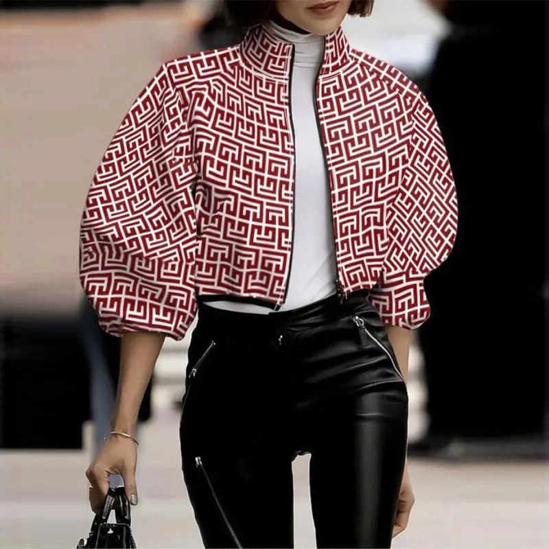Manches longues automne femmes haute rue balle vêtements d'extérieur à pois imprimé col montant grande veste élégant fermeture éclair manteau court femmes haut