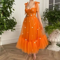 JEHETH Prom Dress Party Flowers Formal Spaghetti Straps A-line Orange Evening Graduation Gowns Ankle Length Vestidos De Gala