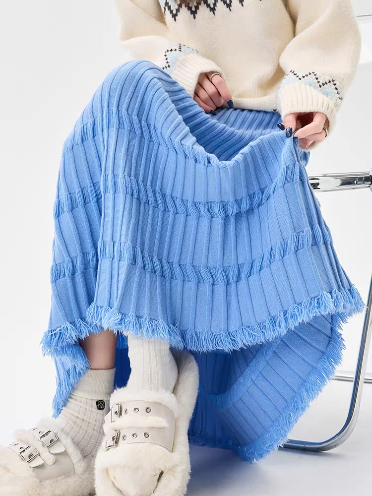 

2025 Fall Winter Fringe Skirt, Blue Knit Skirt, High Waisted A-Line Midi Skirts for Women, Elegant Fall Fashion