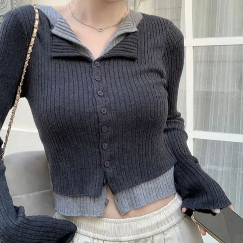 

Fake 2 Pieces Knit Cardigan Lapel Y2K Slim Long Sleeve Sweater For Women Casual Splice Patchwork Pullover Jumper Knitwear