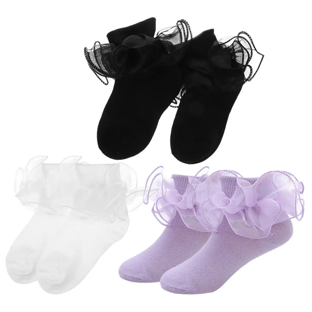 3 Pairs Kids Lace Ankle Socks for Toddlers – Soft Cotton Princess Dress Socks in White, Black & Purple