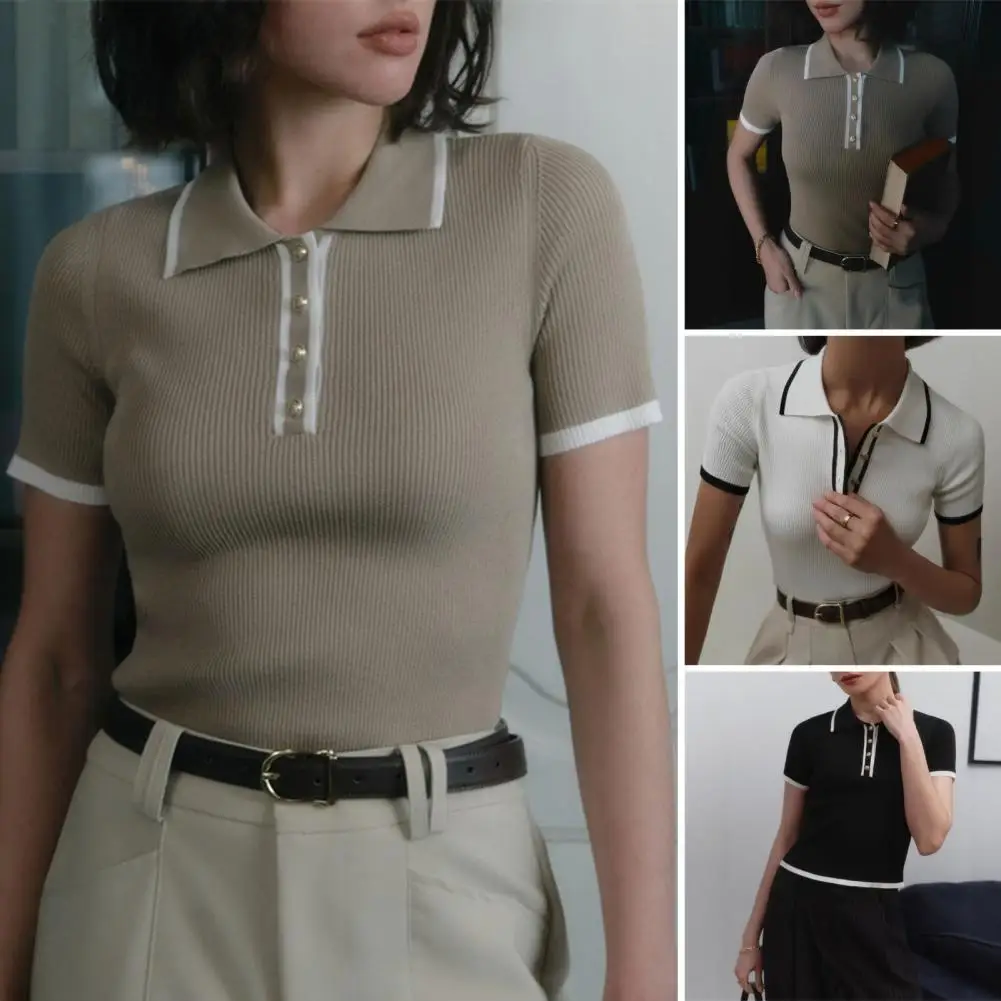 Knit Sweater Pullover Women Short Sleeve Patchwork Slim Lapel Elegant Contrast Knitwear Top Female Skinny Ribbed Pullover