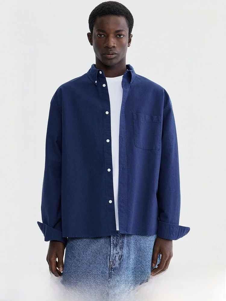 

H&M Men's Casual Oxford Shirt Summer 2026 Vacation Trendy Long Sleeve Cotton Standard Fit Pocket Button up Cardigan Style