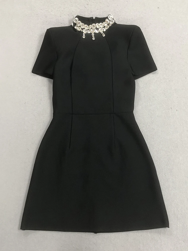 Sexy O Hals Kurzarm Glänzende Kristall Mini Verband Kleid Frauen Schwarz Diamanten Bodycon Kleider Abend Party Cocktail Kleider