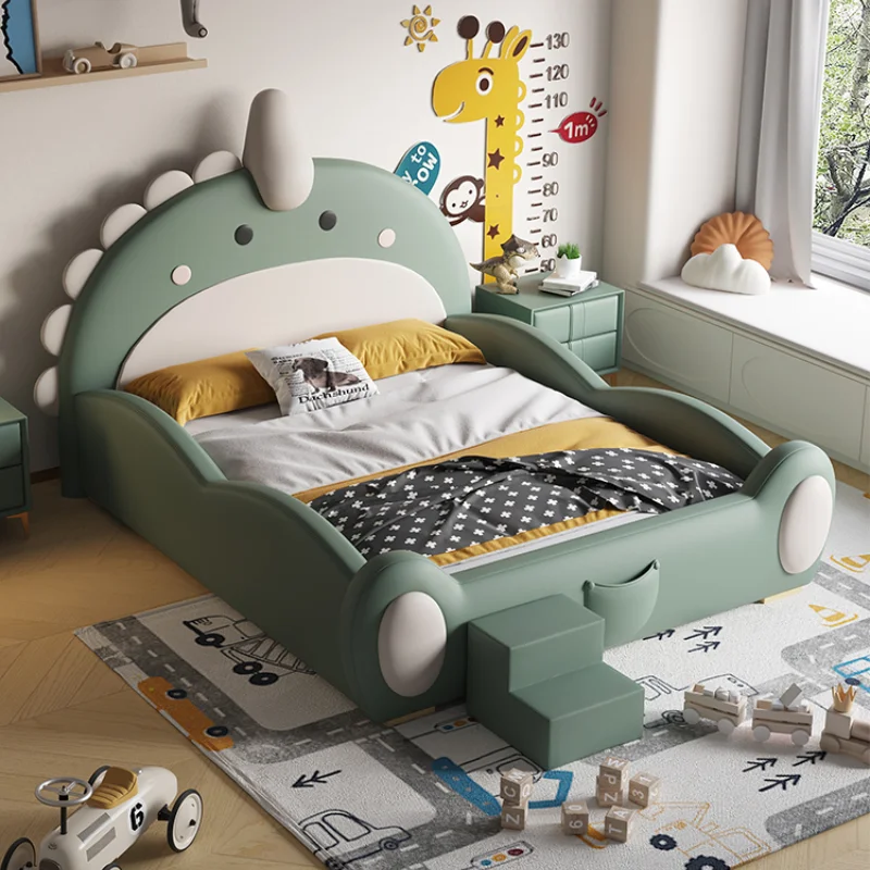 Cartoon Creative Dinosaur Children Bed Single Bed With Fence Slide Boys Modern Simple Wood Small Apartment Kinderbett Furniture