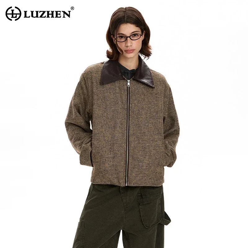 LUZHEN 2026 New Trendy High Quality Wool Splicing Leather Neck Short Jacket Men's Women's Handsome Simple Korean Clothes JY8961