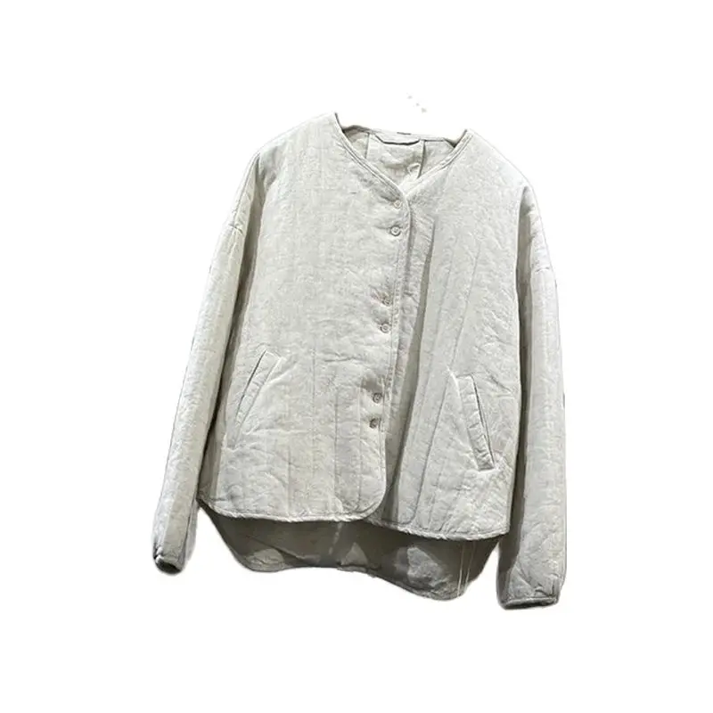 Retro Quilted Jacket Women\'s Loose Cotton Linen Clothing 2024 Spring Autumn And Winter Casual Coat