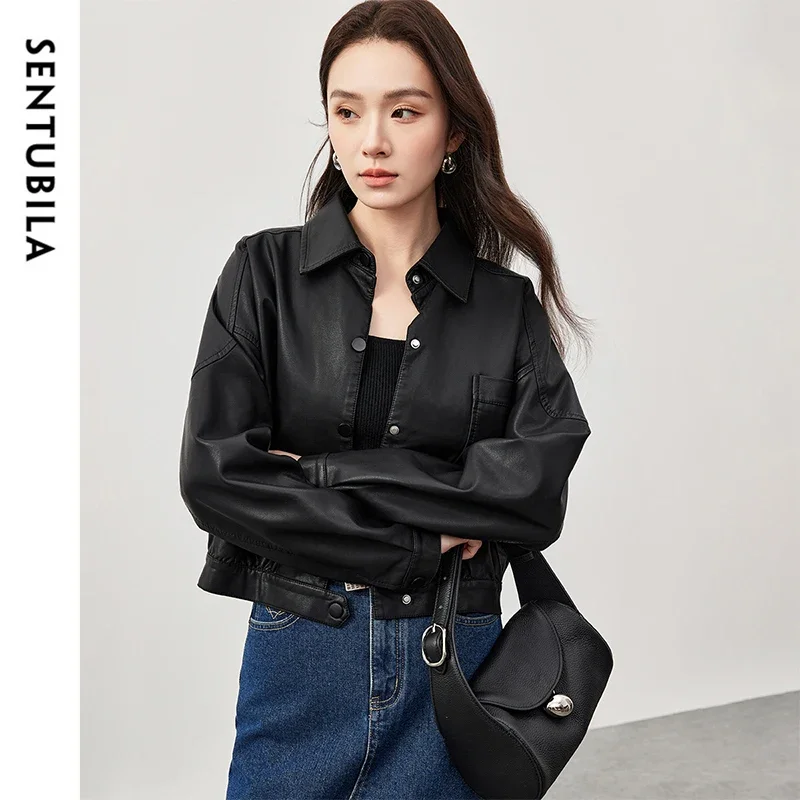 SENTUBILA Giacche in ecopelle Donna 2025 Primavera Autunno Nero Manica a goccia Crop Pu Giacca Donna Tuta sportiva Abbigliamento donna W51G58695