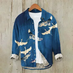 Linen Long Sleeve Shirt Men Lapel Flying Crane Pattern Flower Series Casual Loose Hawaiian Shirt 3D Printing Fast Shipping