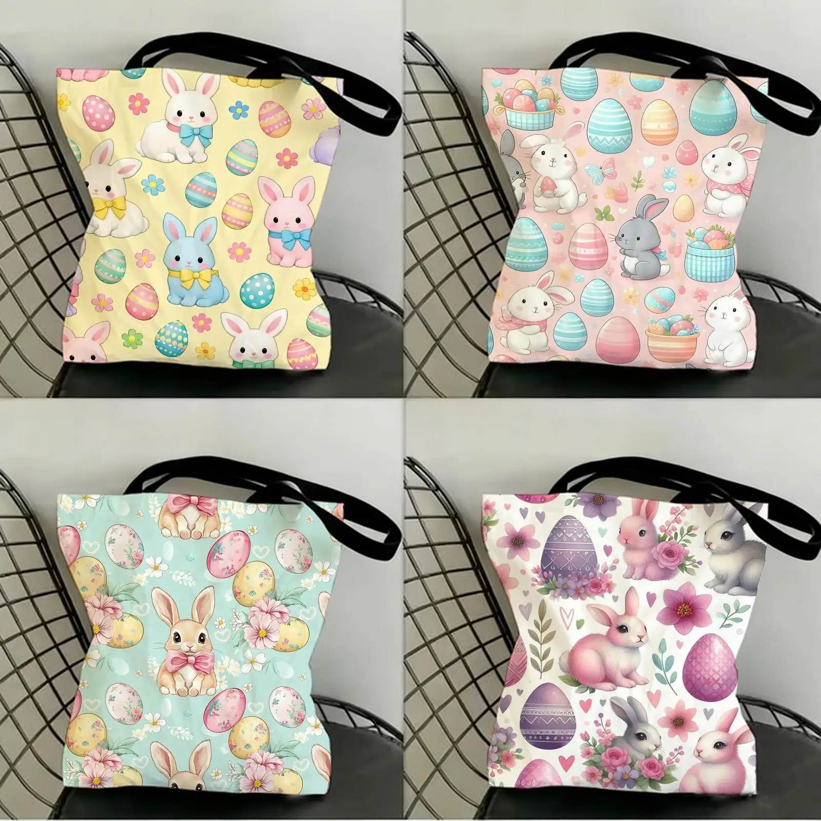 

Cute Easter Bunny Storage Bags Canvas Double-Sided Print Shopping Bag Large Capacity Aesthetic Reusable Tote Bag