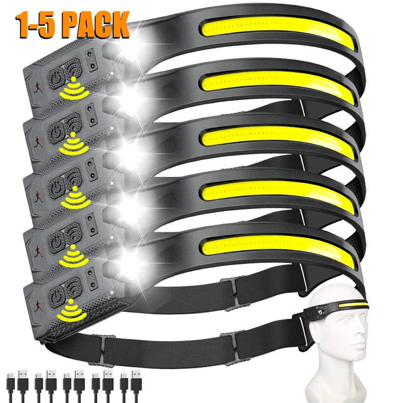 

Rechargeable Headlamp Built-in Battery LED Sensor Head Lamp 5 Lighting Modes Camping Fishing Running Headlight Emergency Lamp