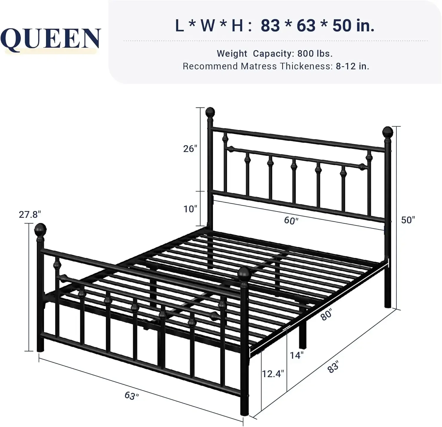 Inch Queen Size Metal Platform Bed Frame with Victorian Vintage Headboard and Footboard/Under Bed Storage/No Box Spri