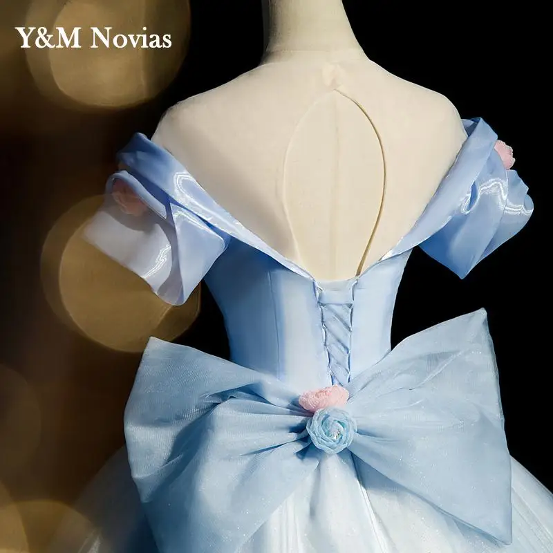 Y & m-vestido de quinceañera azul con lazo para fiesta, traje de baile con Tull brillante, 2020