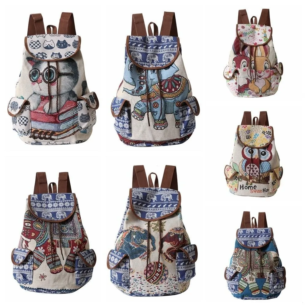 Modischer Ethnischer Stil Bestickter Rucksack Lässiger Jacquard Elefant Eule Tiermotive Kordelzug-Rucksack Canvas Bucket Bag Strandtasche