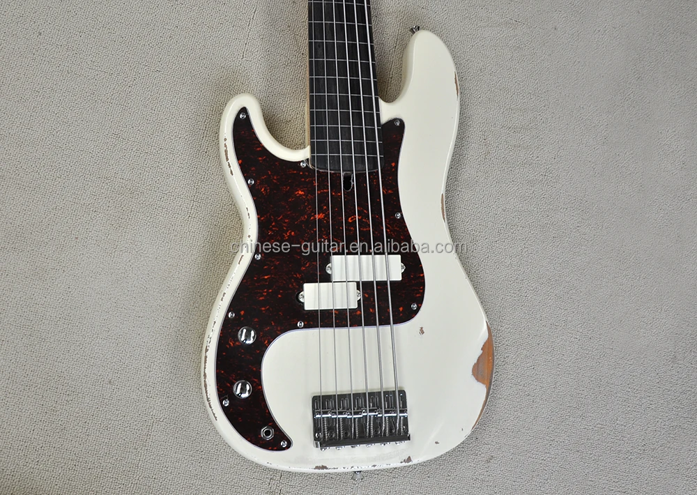 Flyoung Cream Left Handed Electric Bass Guitar 6 Strings Bass Rosewood Fretboard Red Pickguard
