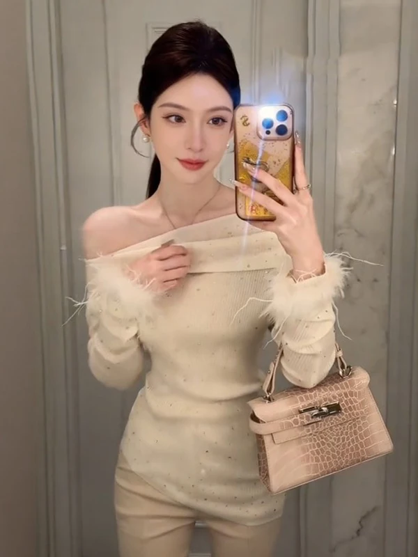 

Уникальный красивый вязаный топ с пайетками на одно плечо, женский облегающий базовый топ, весна 2026, французский стиль, с длинным рукавом