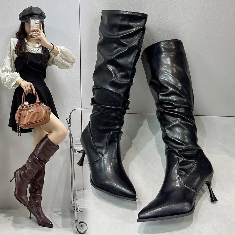 

2025 Spring Autumn Women's The-knee Boots Pointed Tip Stiletto Heels Solid Color Large Size Women's Office Fashion Boots