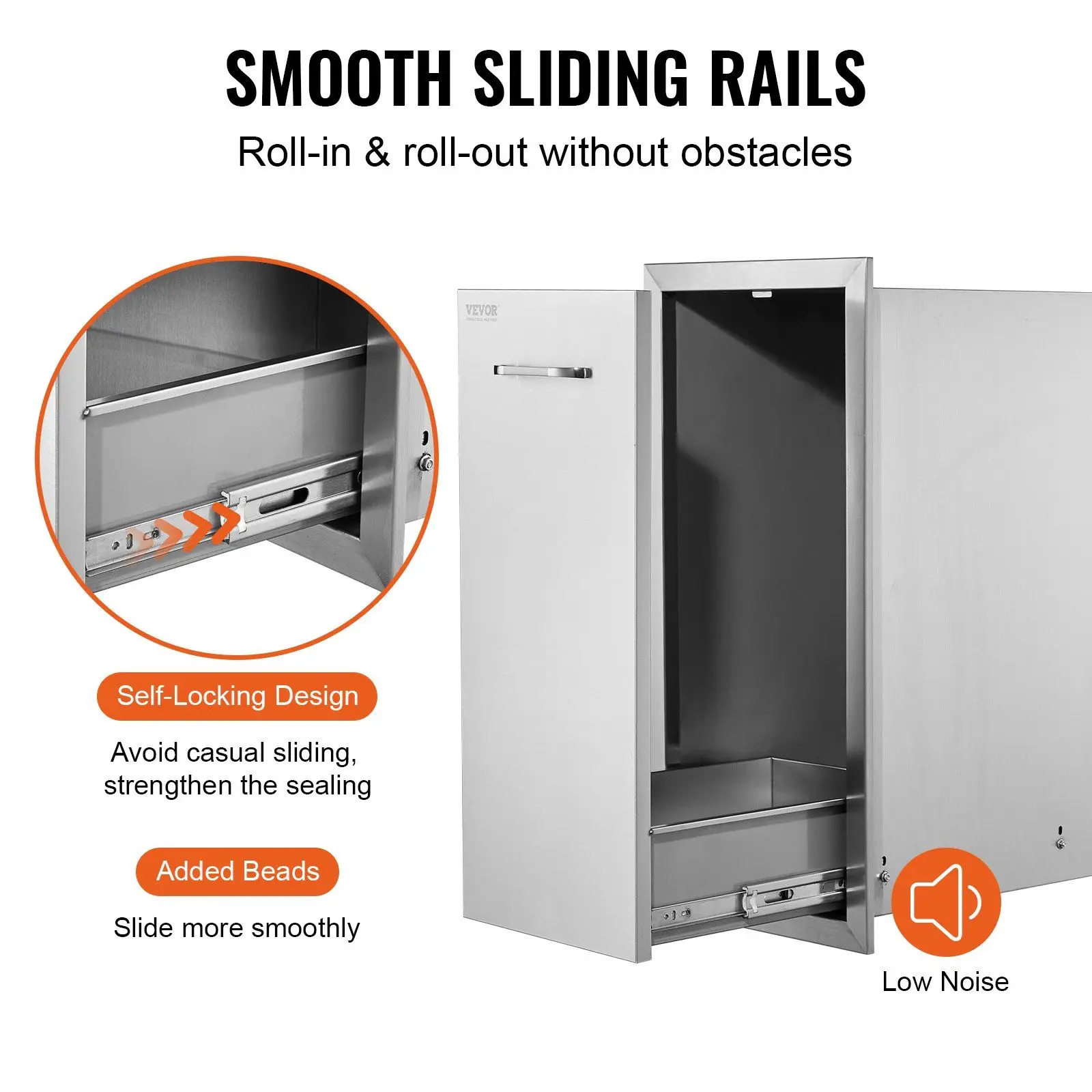 13.4x26x19.6" Pull Out Trash Drawer Stainless Steel Roll Out Bin with Sliding Rails for Outdoor Kitchen BBQ Island Grill Station