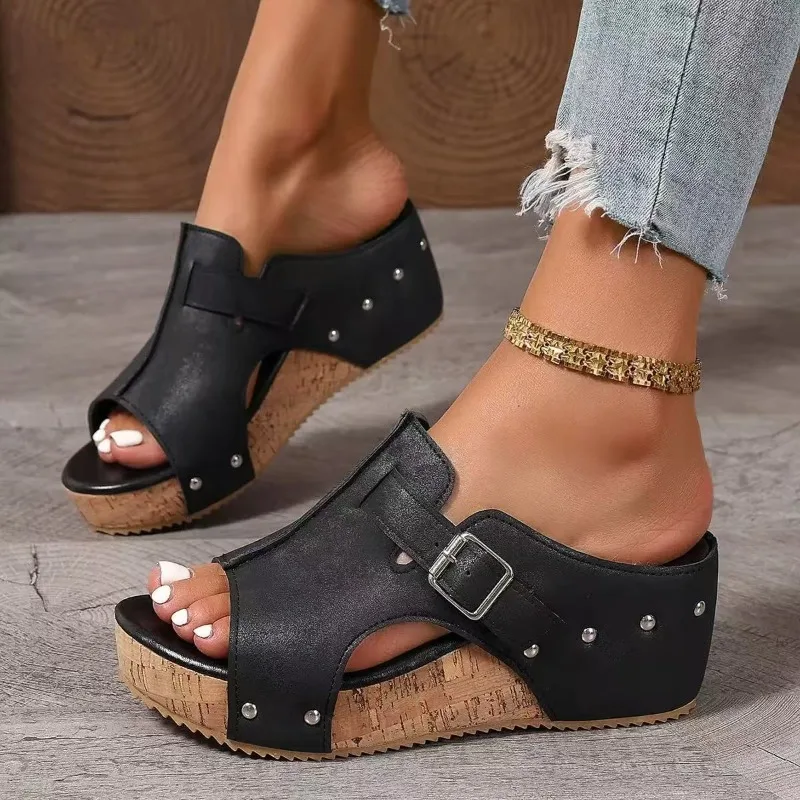 2025 feminino grosso sola cunhas chinelos verão fivela peep toe praia sapatos elegantes para mulher meados de salto chinelos de mujer