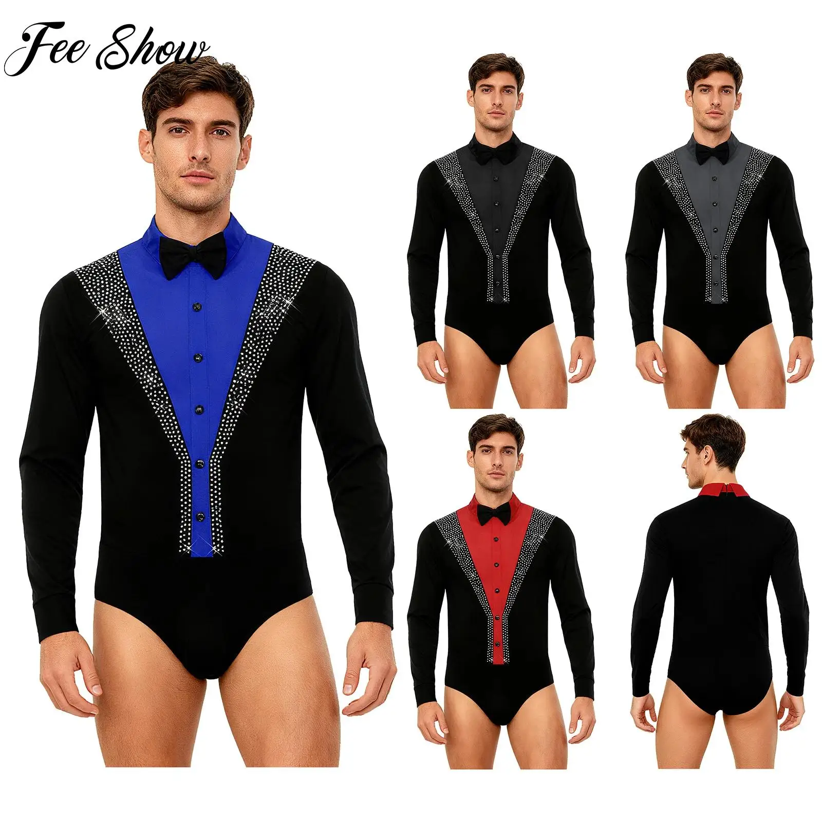 بدلة رقص باليه لاتينية للرجال البالغين مع ربطة عنق وأكمام طويلة من حجر الراين لأداء الرقص على الجمباز