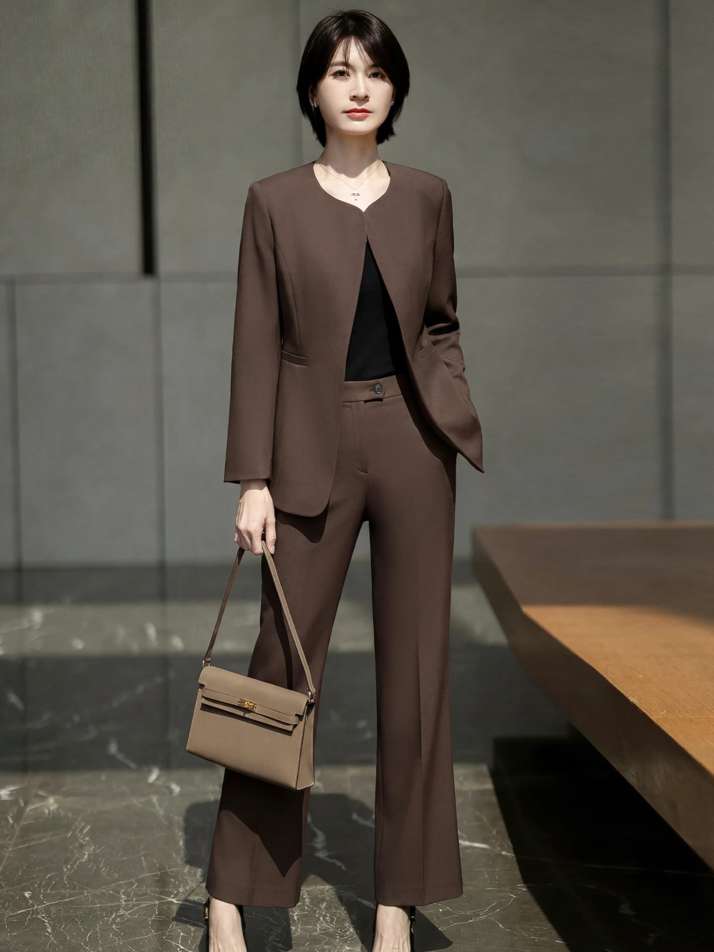 

Элегантный деловой женский костюмный комплект для работы: брюки с высокой талией из шерстяной смеси, стройнящие, для делового стиля, весна 2026