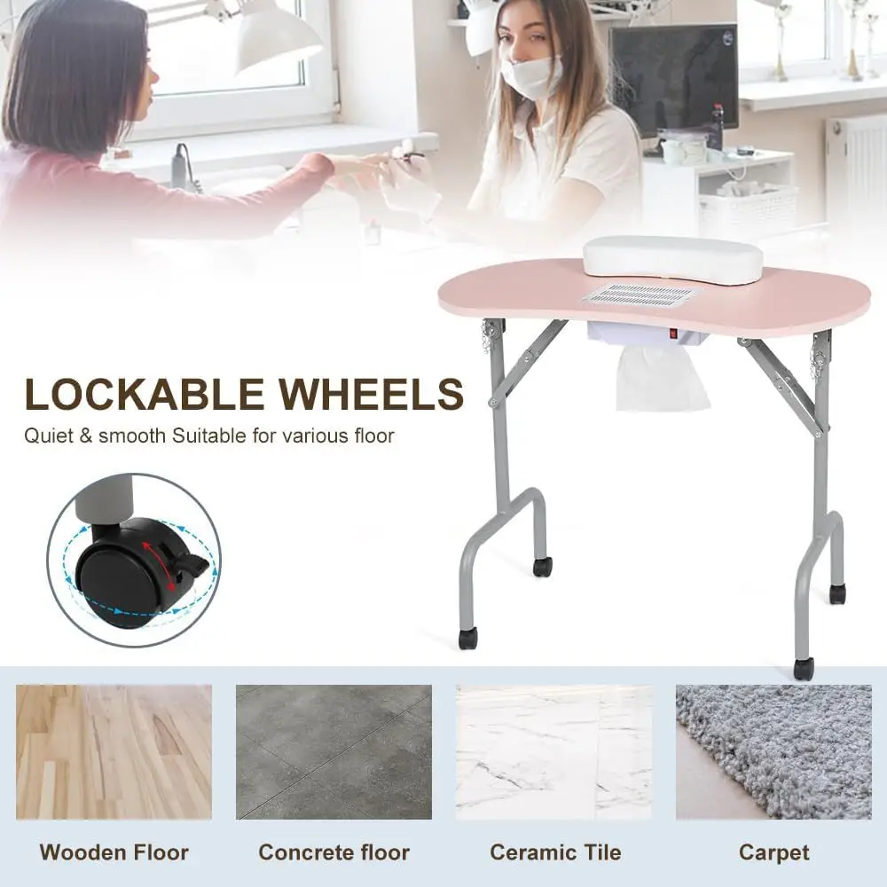 Portable 36-inch Pink Manicure Table with Charging Station, Dust Collector & Lockable Wheels