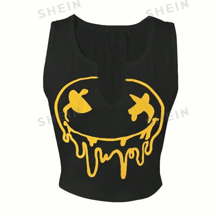 الأوروبية والأمريكية المرأة أزياء مثير تانك القمم إلكتروني تي شيرت مطبوع المرأة سترة بلا أكمام U الرقبة سترة صغيرة