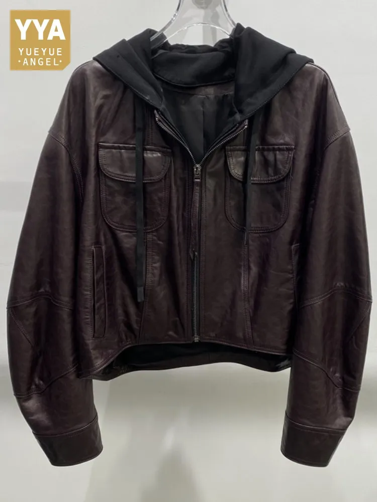 Freizeit-Stil Damen mit Kapuze, einfarbig, echtes Leder, Jacke, lockerer Reißverschluss, handgefertigt, lange Ärmel, Schaffell-Baseball-Oberbekleidung