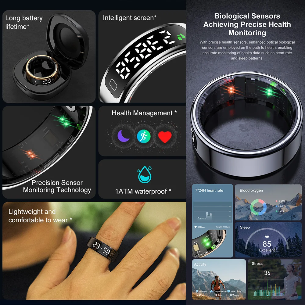 R11C Smart Display Screen Smart Ring 1ATM Waterproof Stainless Steel Intelligent Touch Heart Rate Blood Oxygen Stress Monitor