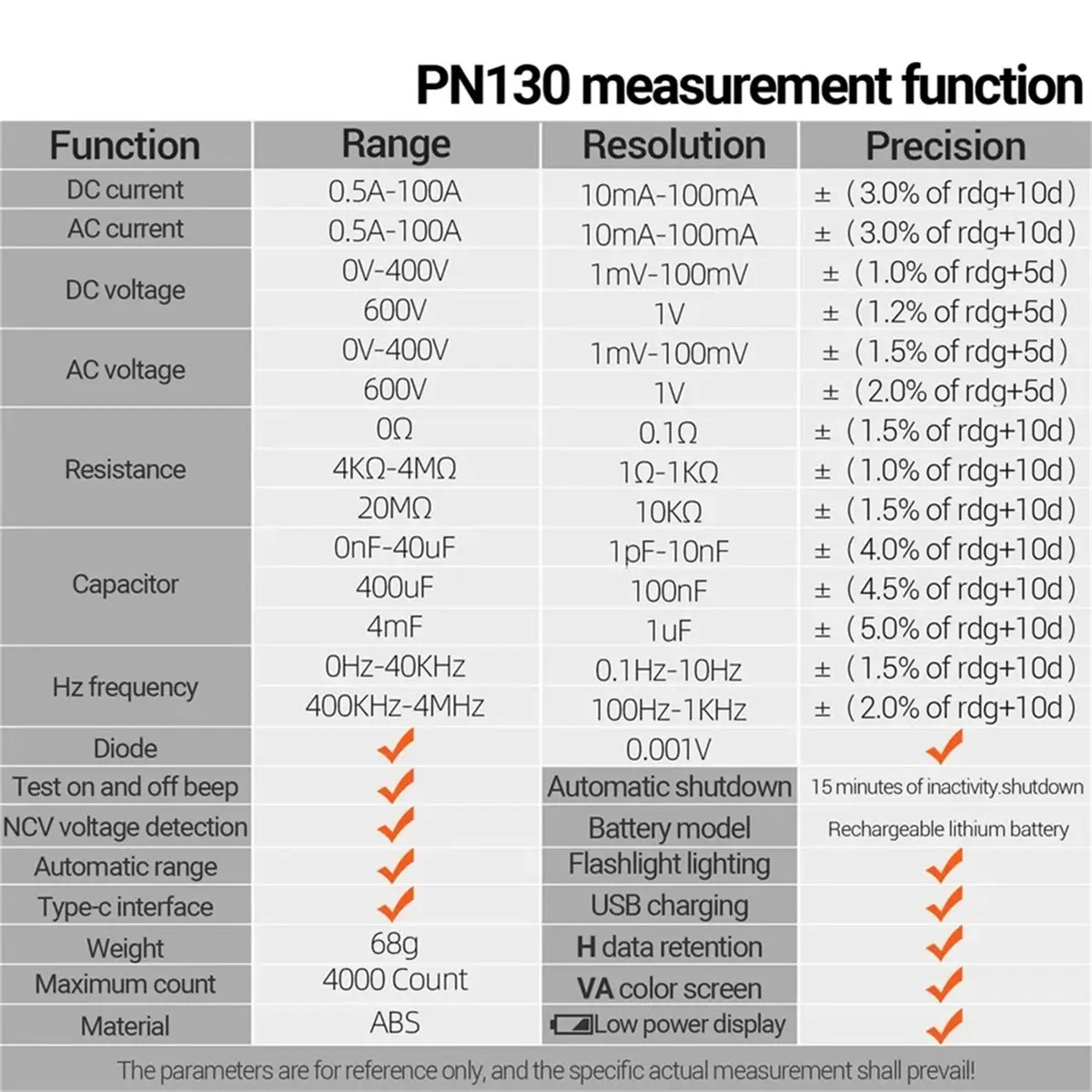 DT38  Clamp Meter Rechargeable PN130 Digital Multimeter 4000 Counts Voltage Current Protable Capacitance Resistance Tools