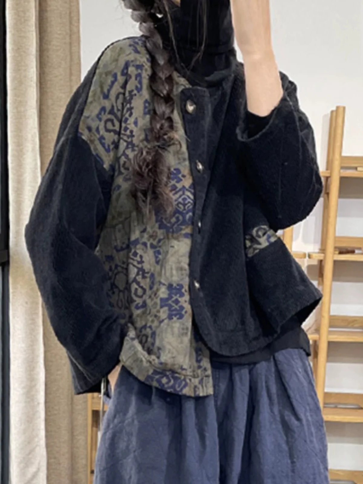 Corduroy ort Cotton Jaet Women's Ethnic Sle Color Blo Print Asymmetrical Cotton Clothes Warmth Faionable Winter Coat