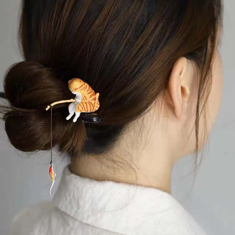 Cute Cat Fishing Wooden Hairpin Chinese Style Hair Stick Unique Koi Fish Pendant Hair Accessory For Women Daily Use