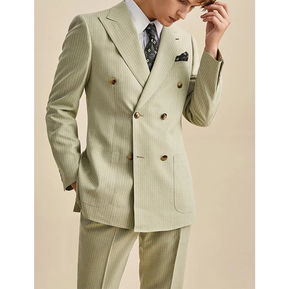 

Мужской приталенный костюм-двойка в тонкую полоску, двубортный деловой пиджак и брюки, комплект, стильная элегантная официальная офисная одежда, удобная