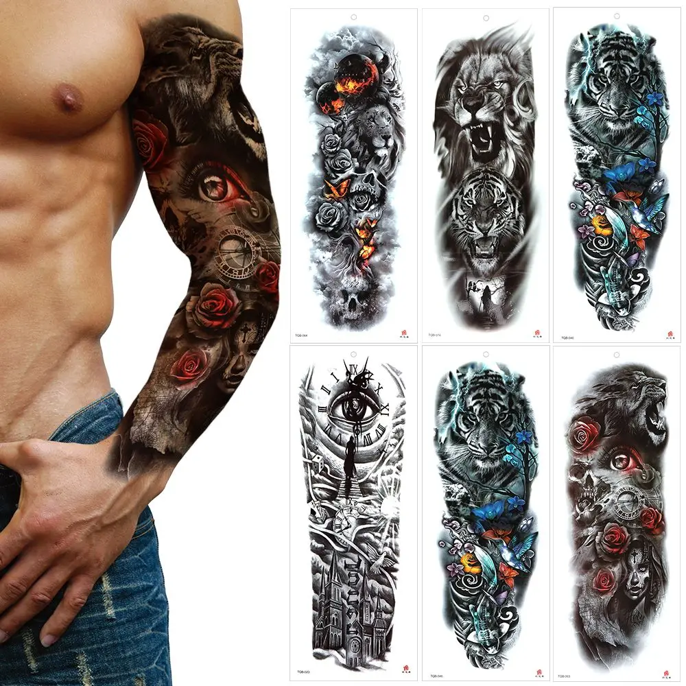 Faux tatouages autocollants pour hommes et femmes, 48x17cm, art corporel, grande jambe, bras complet, horloge œil de tigre, décalcomanie temporaire