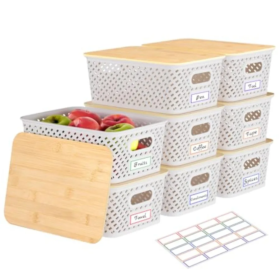

8 Packs Plastic Storage Bins with Bamboo Lids - Stackable Storage Bins Decorative Small Basket Containers for Organizing Shelve
