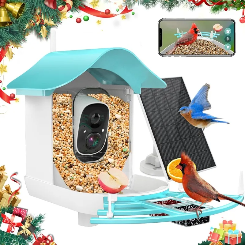 Comedero inteligente para pájaros con cámara, identifica la especie de pájaros, grabación automática de vídeo 2K en patio trasero, vista en vivo, carga alimentada por energía Solar,
