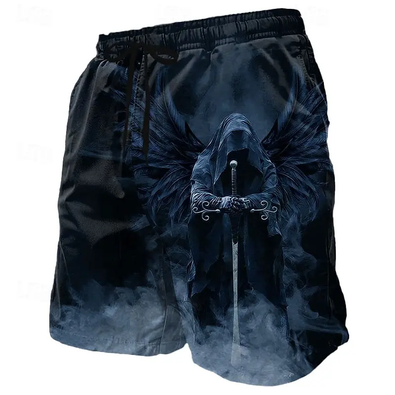 Men Grim Reaper Wings Sword Print Beach Shorts Quick Dry Drawstring Swim Trunks Casual Summer Dark Style Swimwear