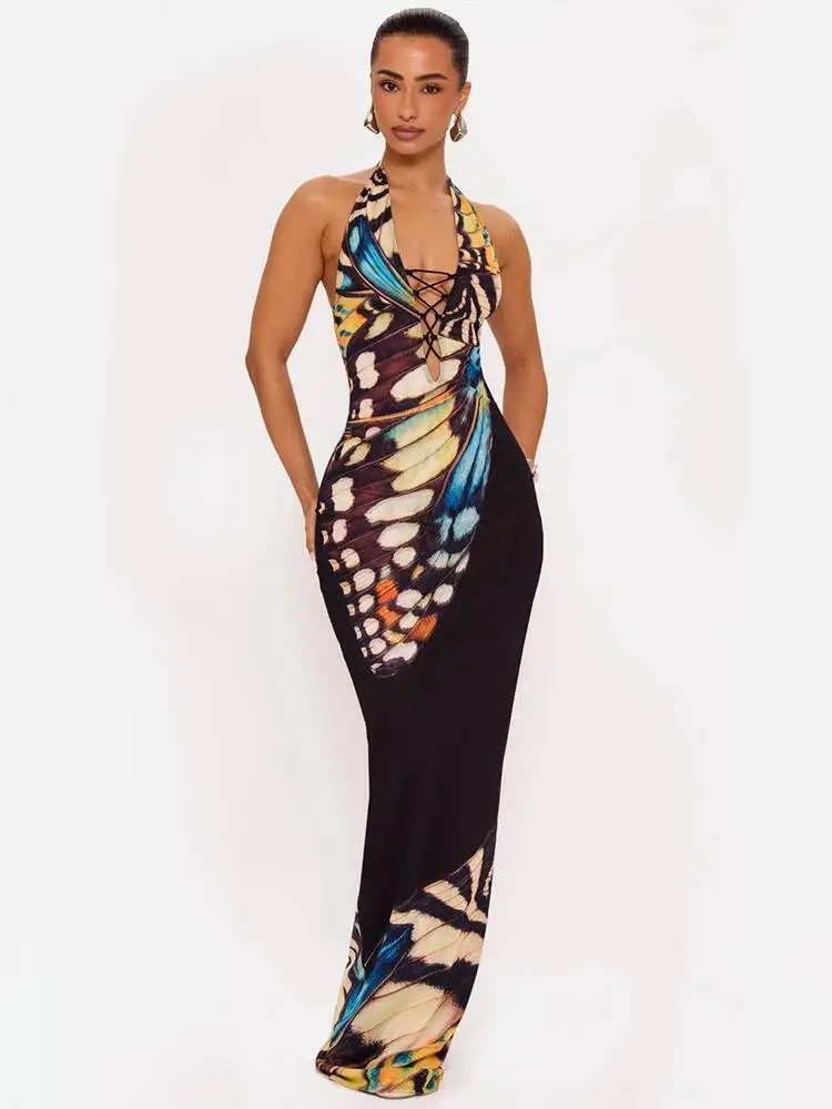Mozision Women Butterfly Print Halter Maxi Dress Deep V Neck Bodycon Long Dress Sleeveless Backless Evening Party Club Dresses