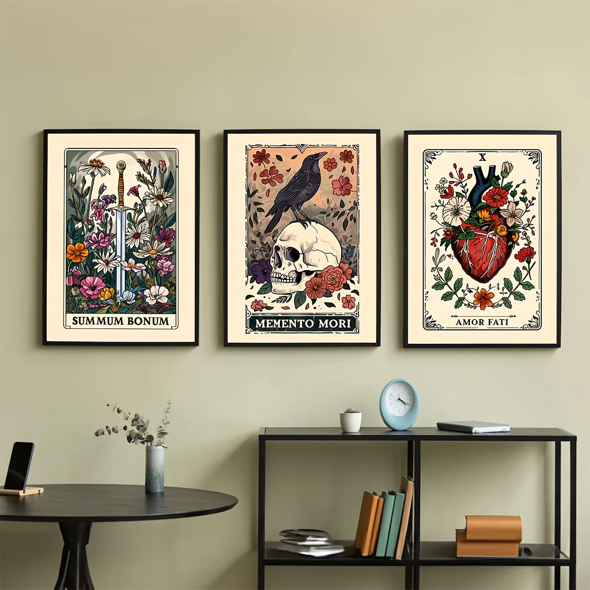 （NOframe 3PCS）-3pcs Set Stoic Wisdom Tarot Card Prints - Earthy Boho Style, Memento Mori & Meditations Theme, Modern Minimali