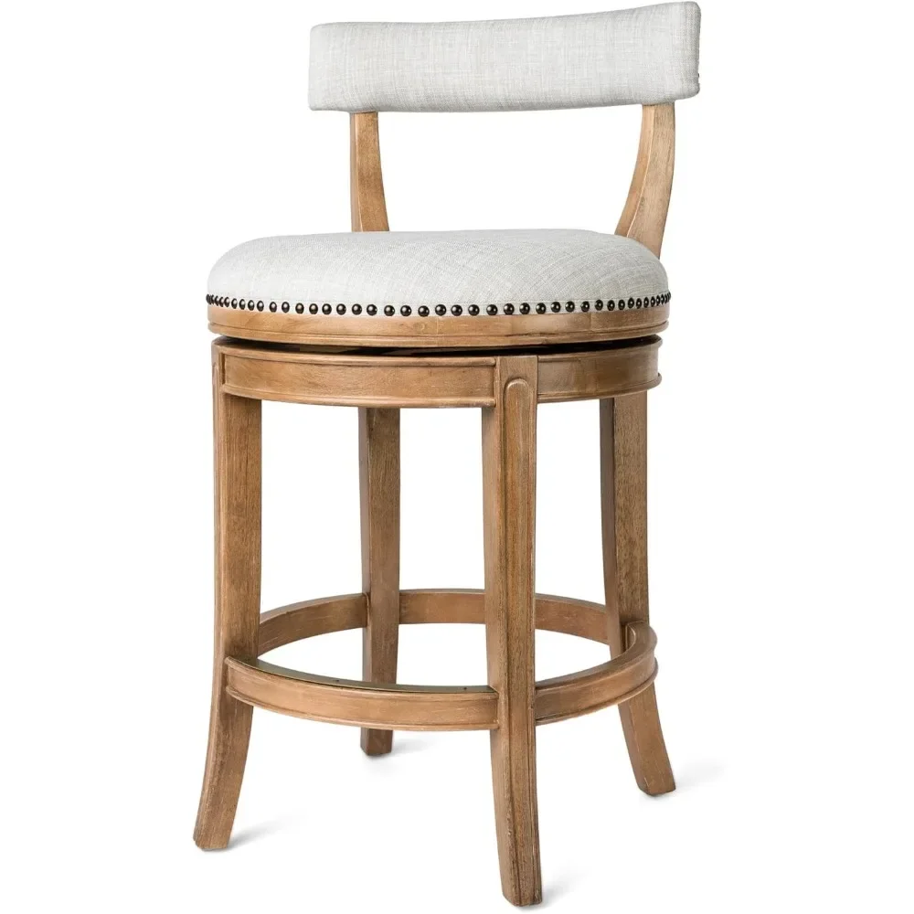 

26 Inch Tall Counter Height Rotating Low Back Barstool in Weathered Oak Finish with Sand Color Fabric Upholstered Seat