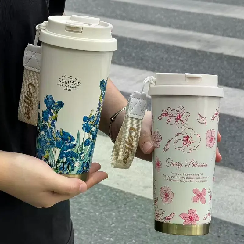 550ml Cute Stainless Steel 316 Insulated Mug Floral Design Portable Coffee Cup Carrying Rope