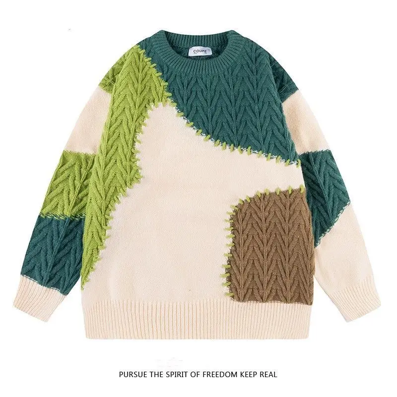 Winter Irregular Spliced Men Long Sleeve Sweater Teenager Vintage Fashion All-match Oversized Couple Knitted Clothes Black Green
